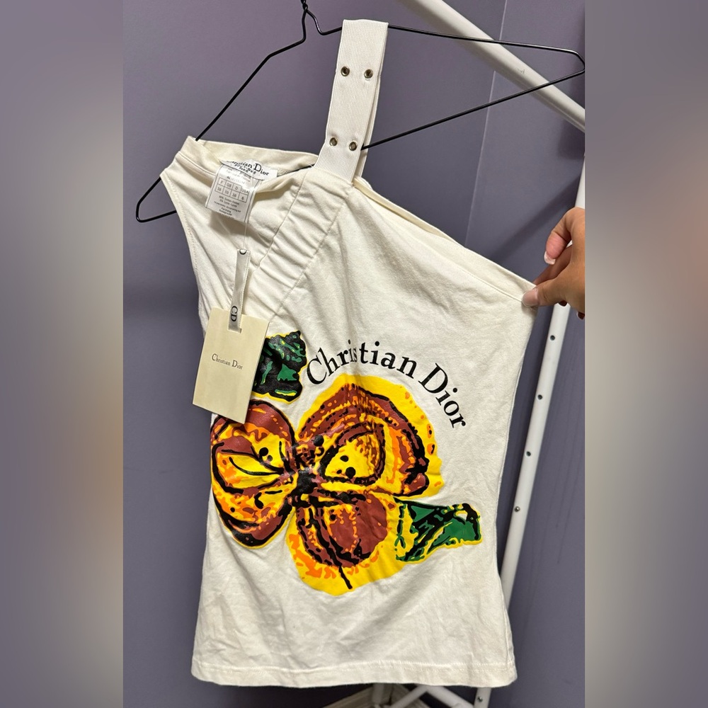 Dior Cream One-Shoulder Floral Graphic Tank